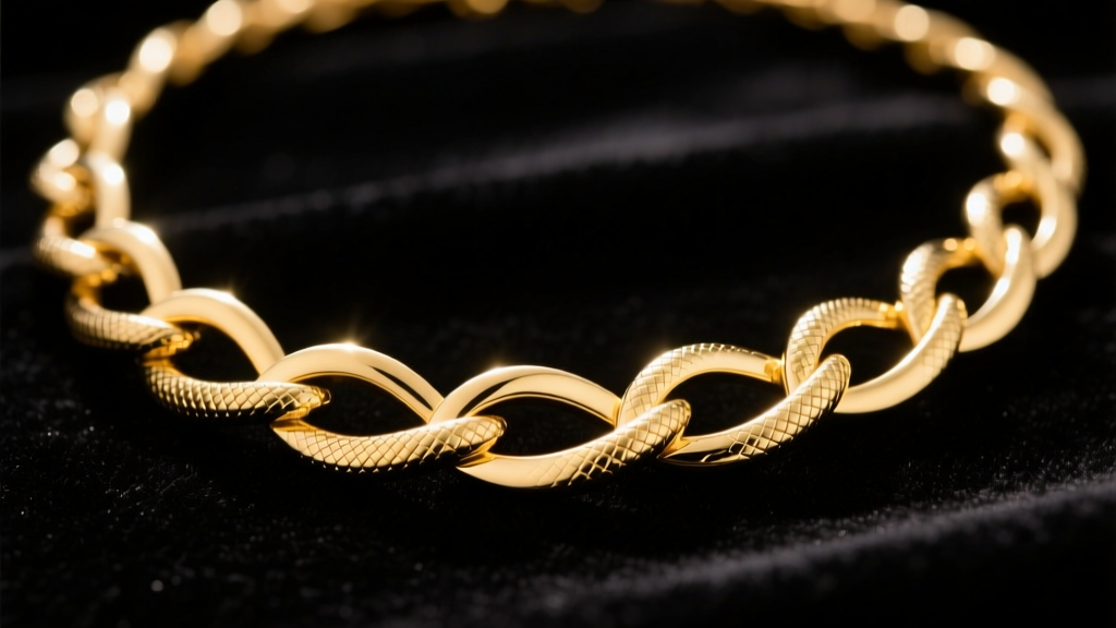 Macro shot of a polished 14k yellow gold serpentine necklace on dark velvet, highlighting the flat interlocking S-shaped links.