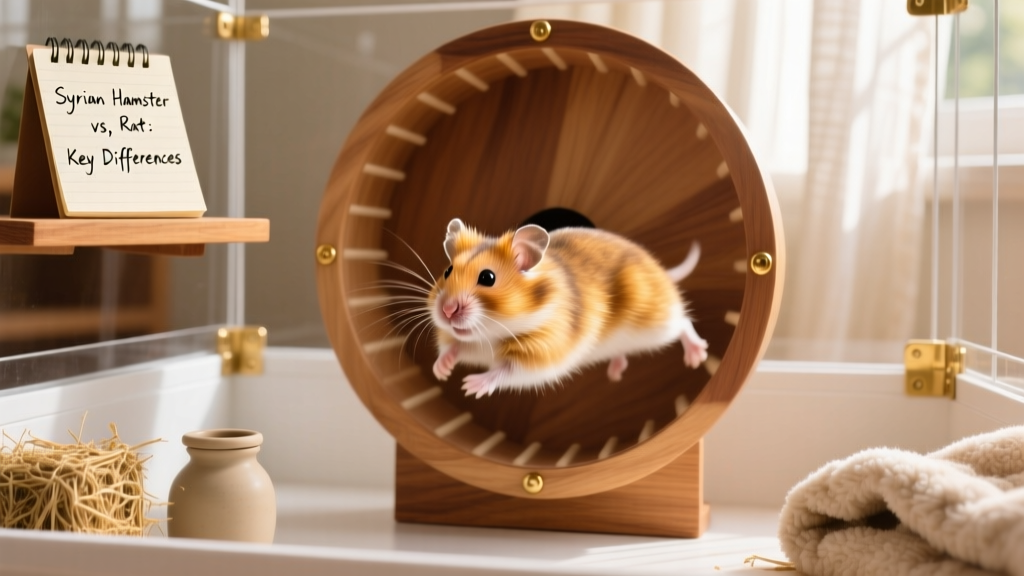 A golden Syrian hamster running on a large, solid-surface wheel inside a clean, well-equipped cage