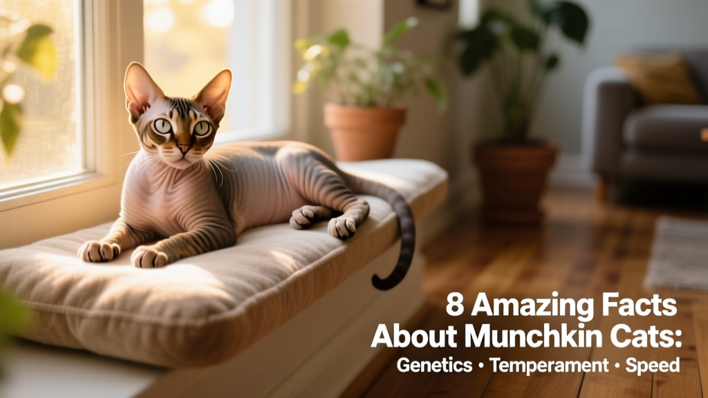 A Munchkin cat lounging comfortably on a padded window perch, bathed in natural light