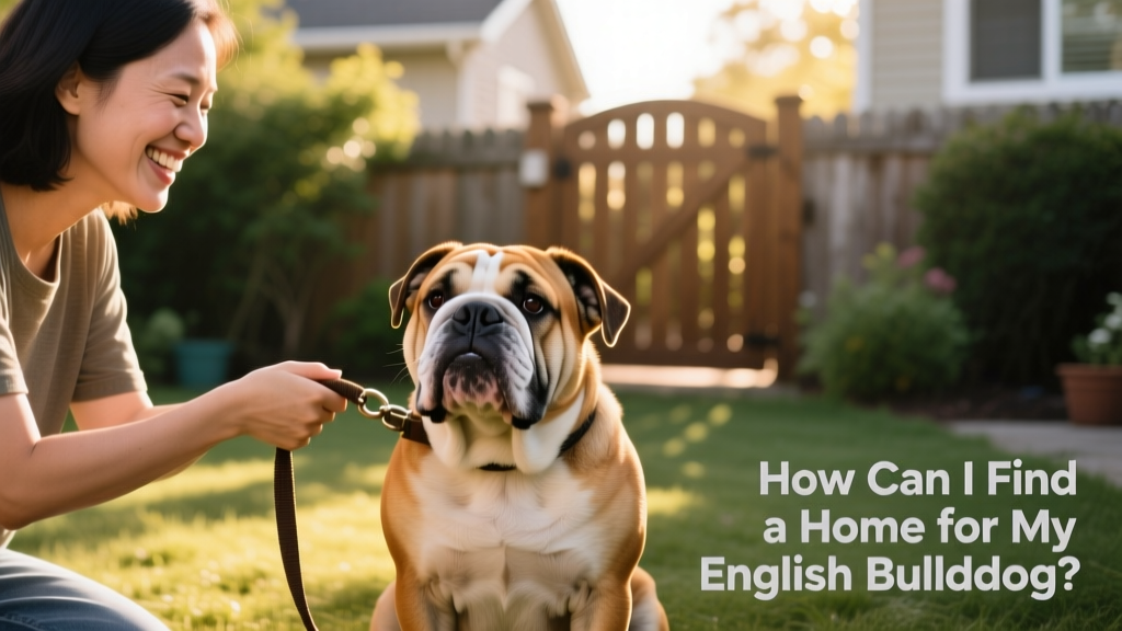 A smiling person handing over a leash to another person while an English Bulldog sits calmly between them, symbolizing a thoughtful, respectful rehoming handoff