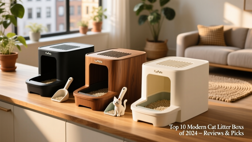 Side-by-side comparison of three FurPetVo litter boxes in different finishes: matte black, warm walnut, and soft ivory