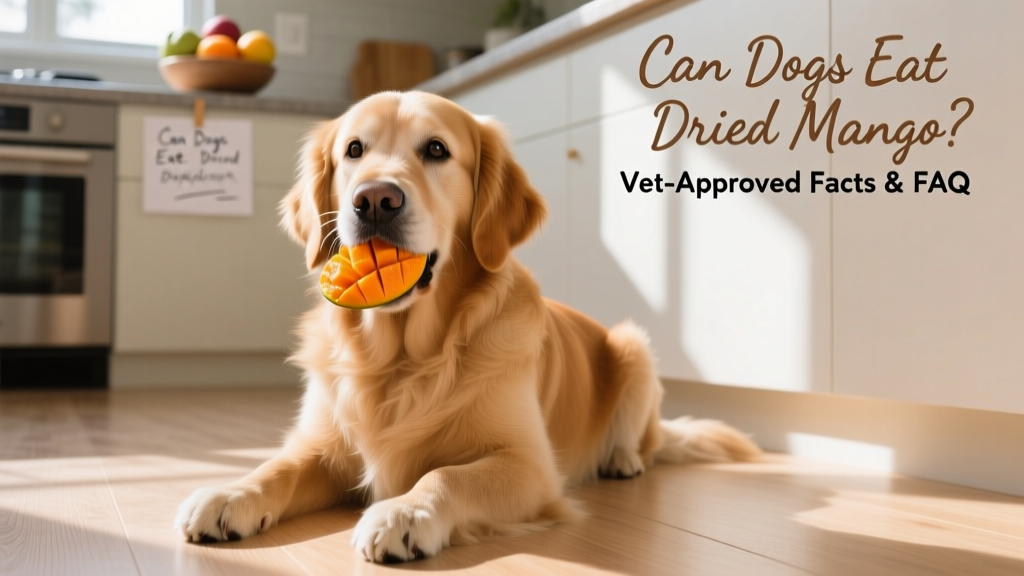 A dog gently holding a small piece of dried mango in its mouth, sitting on a clean kitchen floor