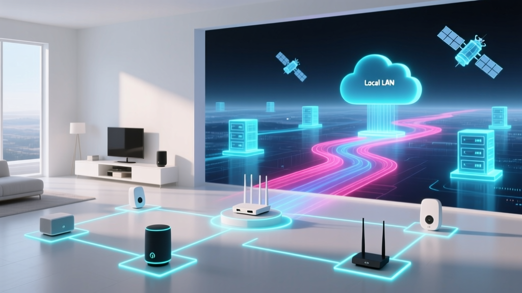 Network topology diagram contrasting local LAN smart home routing with external cloud server routing paths
