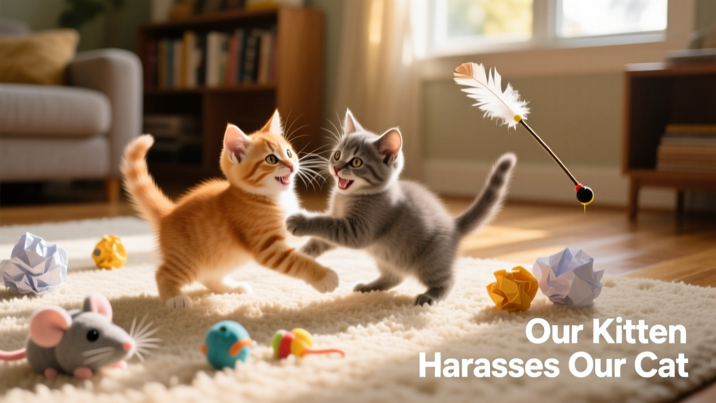 Two kittens playing together on a carpeted floor with toys scattered nearby