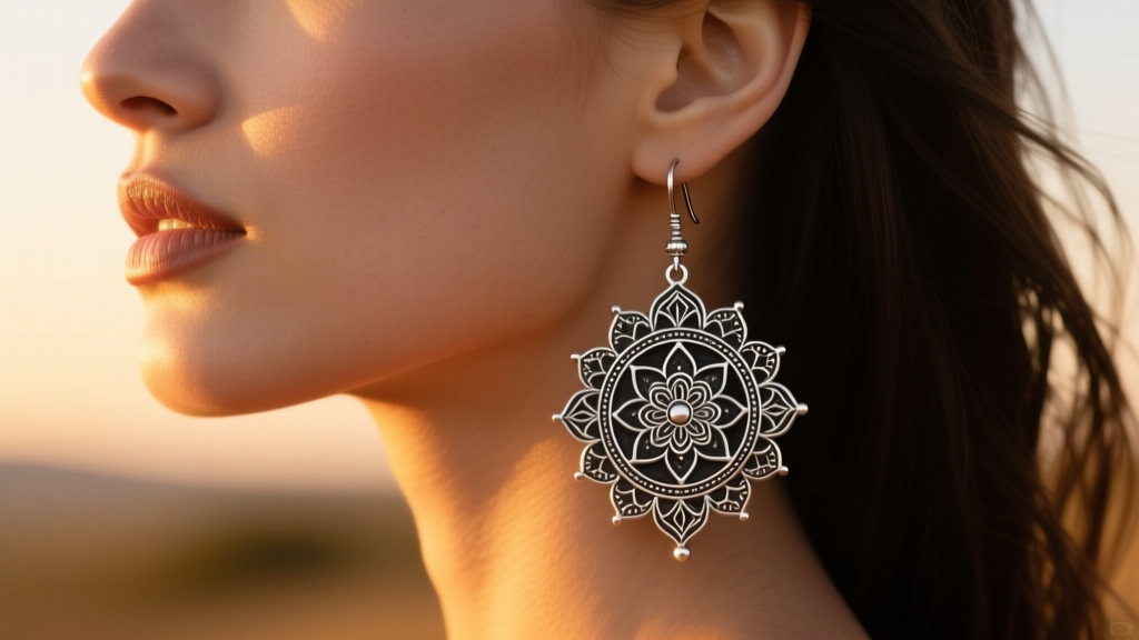 Close up of .925 sterling silver boho mandala dangle earrings on a model at sunset, showing oxidized metal details