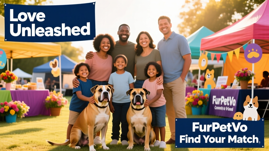 A diverse group of smiling families and their Pit Bulls posing together at a FurPetVo community adoption fair, with banners reading 'Love Unleashed' and 'Find Your Match'