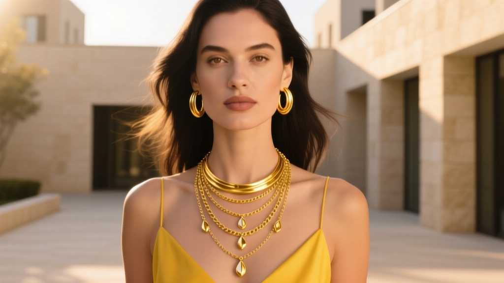 Woman wearing layered 18k solid gold huggies and drop chains in warm golden hour sunlight, emphasizing the rich yellow metal hue