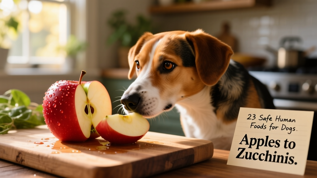 A fresh, sliced red apple next to a curious dog sniffing it