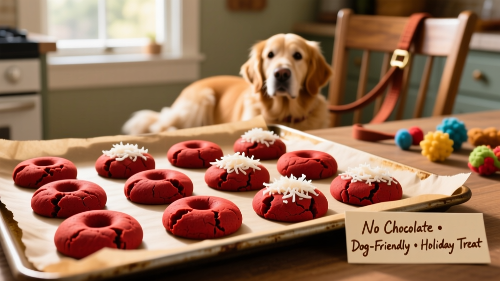 Freshly baked red velvet dog cookies on a parchment-lined baking sheet, vibrant red color visible, some topped with shredded coconut