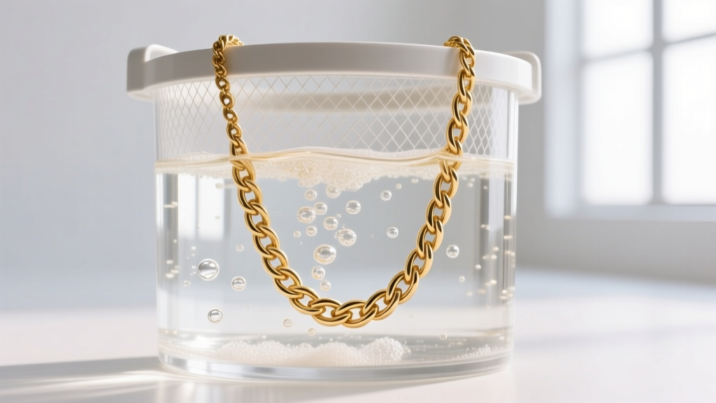 Ultrasonic cleaner basket holding a delicate 14k Italian hollow rope chain, submerged in a mild soapy cleaning solution.