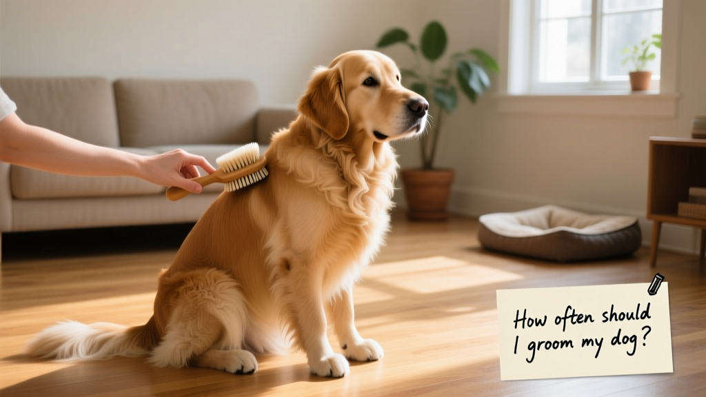 A calm dog sitting comfortably while being gently brushed at home