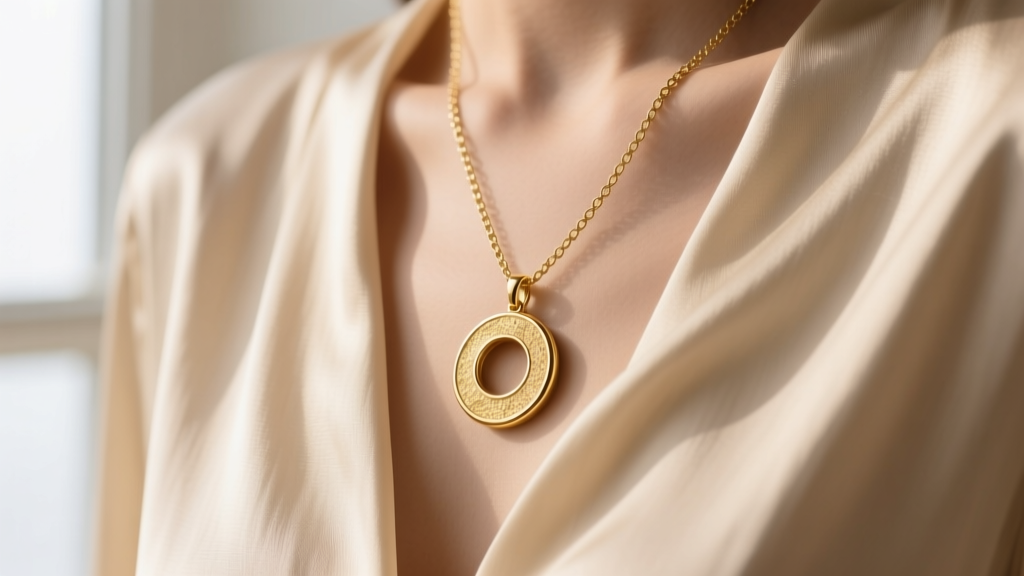 Close-up of a 14k gold circle necklace pendant on a 16-inch box chain resting against a beige silk blouse in soft natural light.
