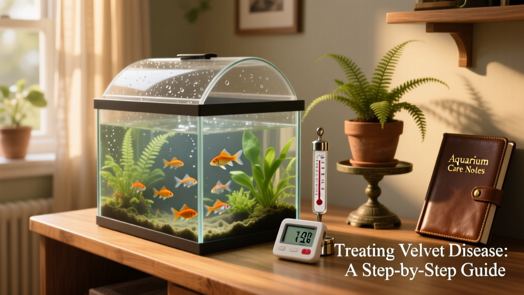 Aquarium setup showing covered tank with thermometer and hydrometer nearby during velvet treatment