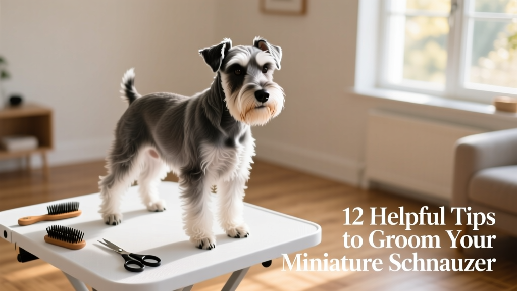 Well-groomed Miniature Schnauzer standing confidently on a grooming table with clean, trimmed coat and expressive eyes