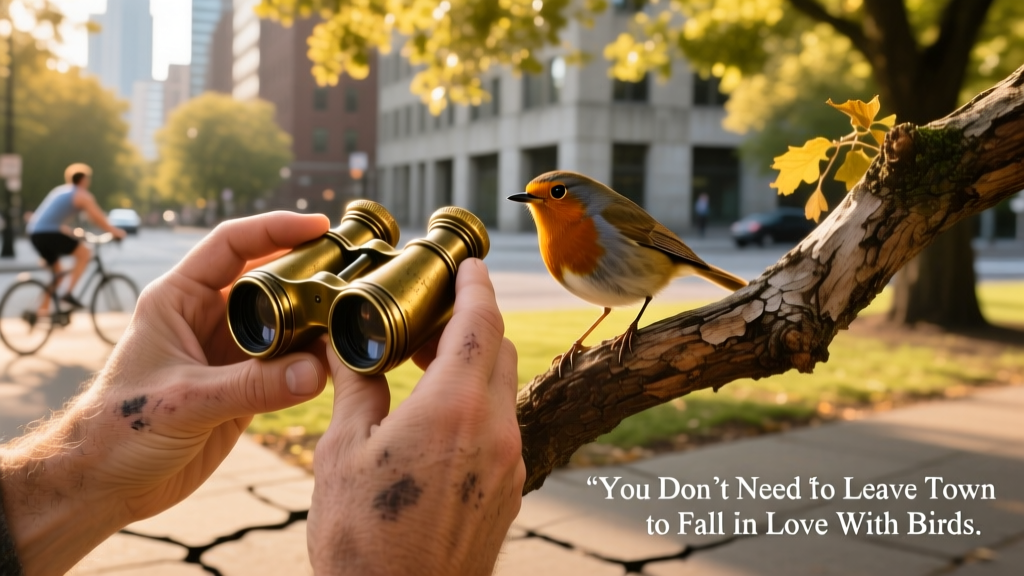 Close-up of hands holding binoculars focused on a small songbird perched on a branch in an urban park