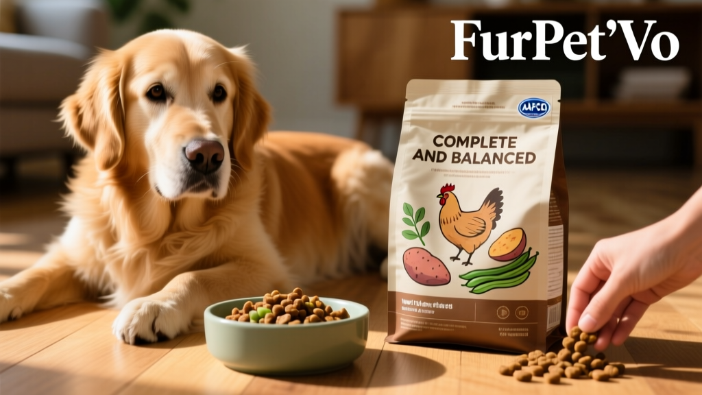 Close-up of FurPetVo packaging showing AAFCO statement and 'complete and balanced' label