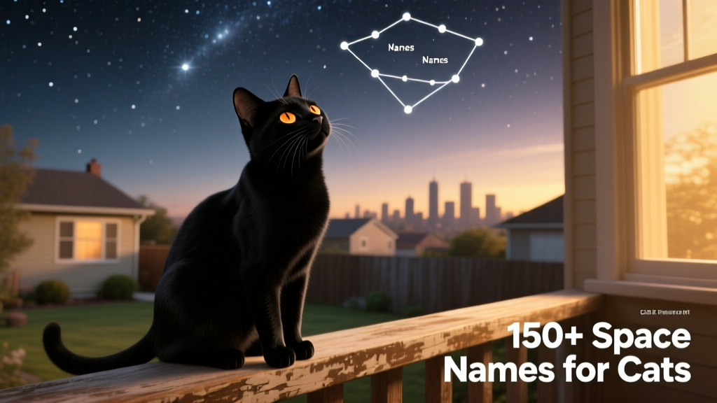 A sleek black cat gazing up at a starry night sky