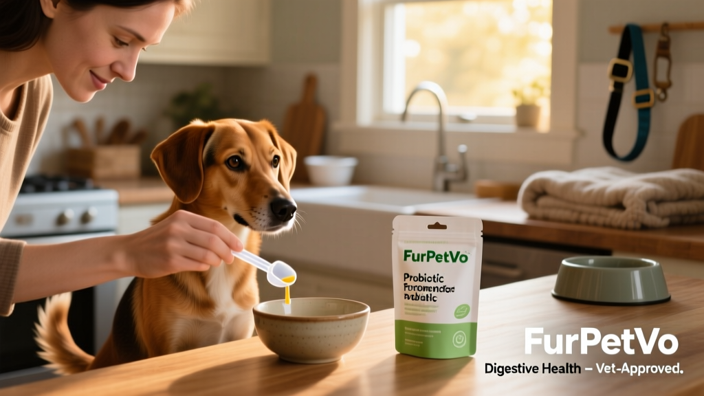 Dog owner carefully measuring a vet-recommended probiotic supplement from FurPetVo packaging