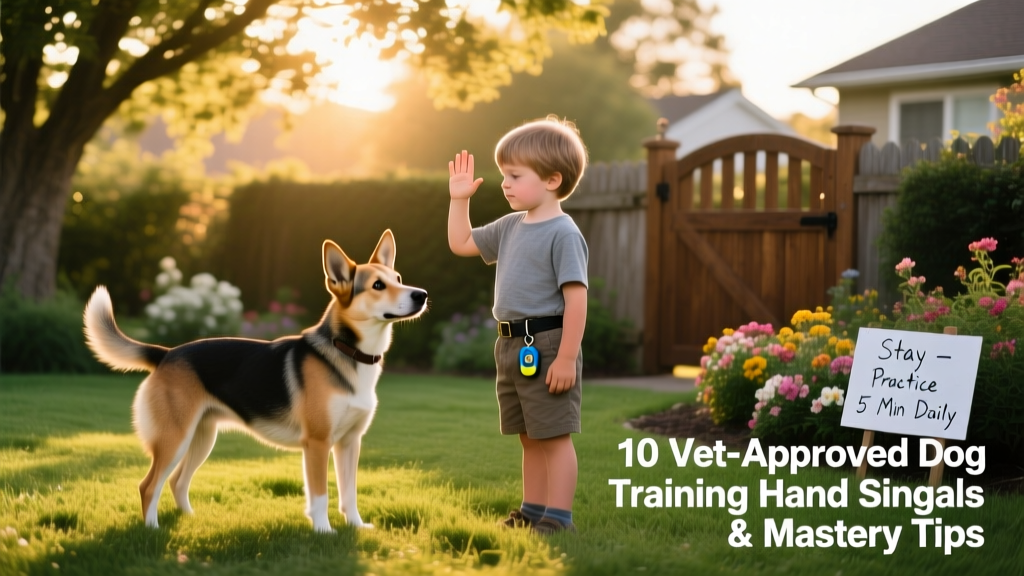A child teaching their dog the 'stay' command using a clear palm-forward hand signal in the garden.