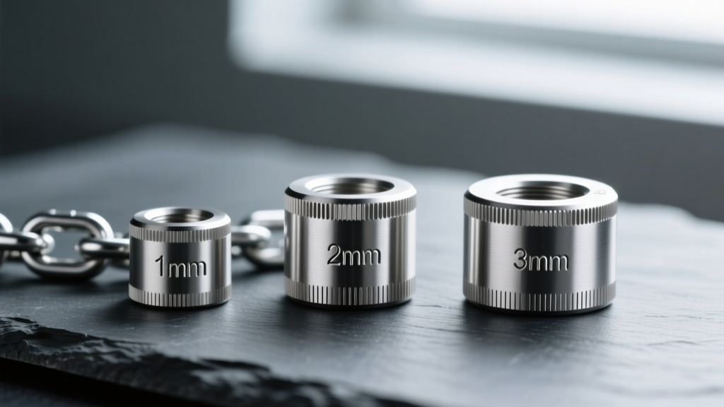 Macro close-up of three different stainless steel chain gauges, 1mm, 2mm, and 3mm, laid side-by-side on a dark slate surface