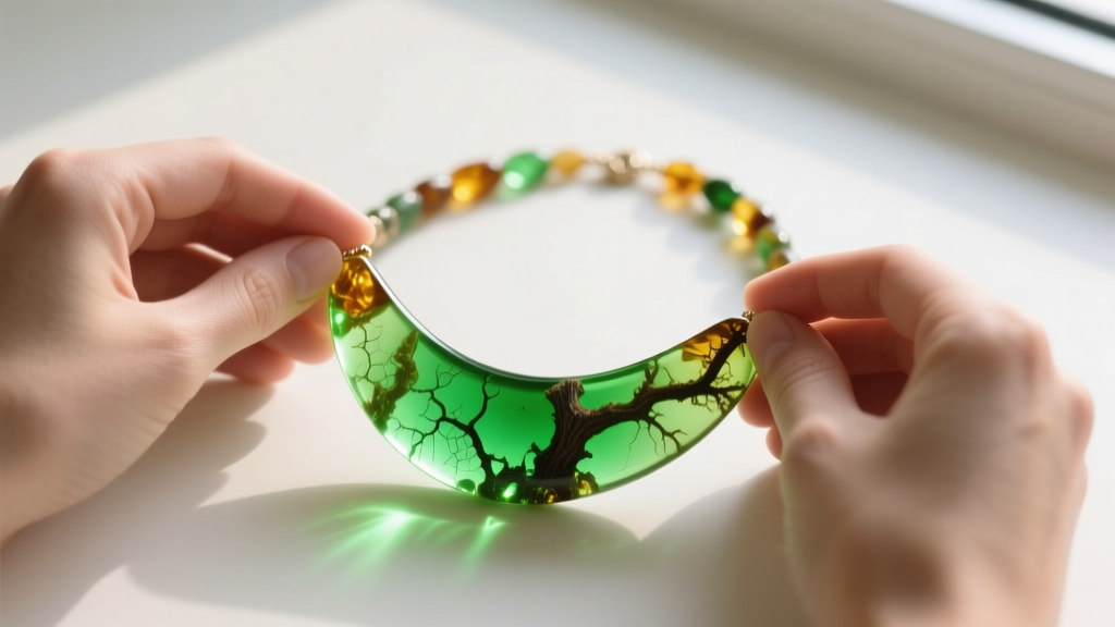 Hands holding a Baltic amber baby necklace under a UV light, revealing the bright green glow of authentic fossilized tree resin