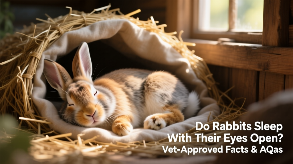 A rabbit lying on its side in a cozy hideout, eyes fully closed and body completely relaxed