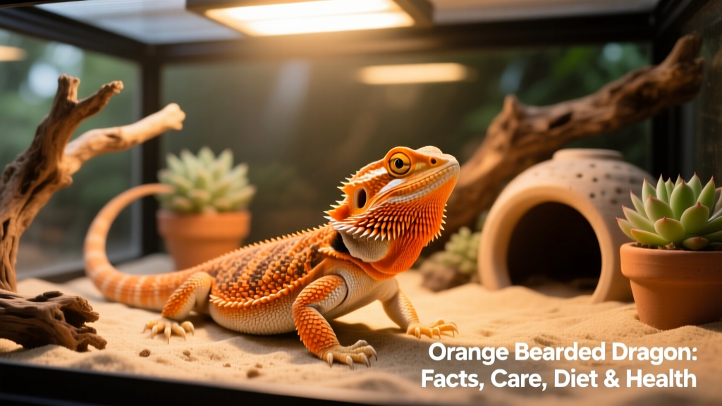 Adult orange bearded dragon basking under UV lighting in a well-furnished terrarium