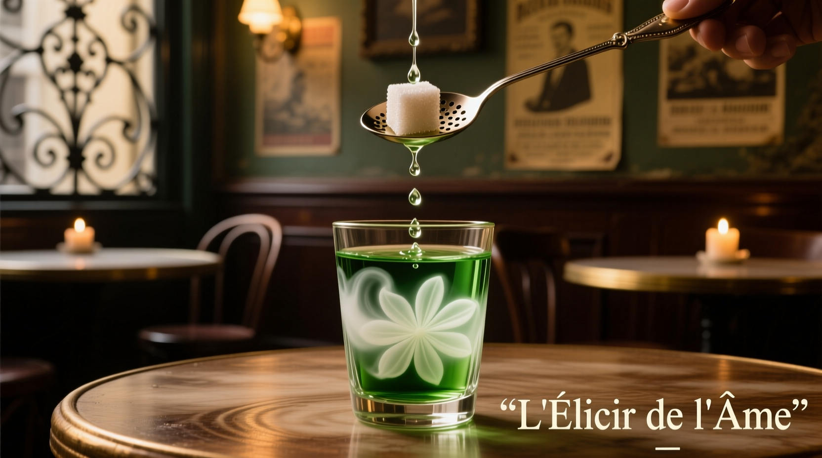 Traditional absinthe ritual showing water dripping through sugar into louche effect