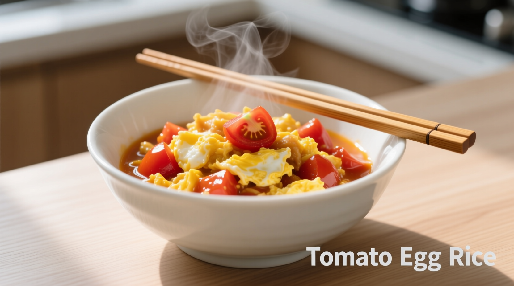 Tomato egg rice in white bowl with chopsticks