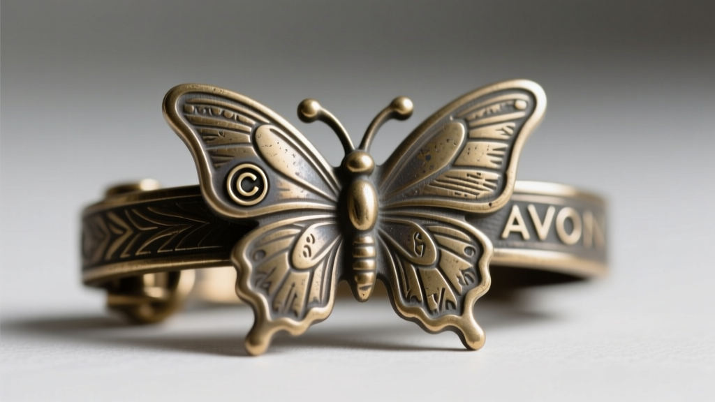 Macro photography of the back of a vintage Avon butterfly clasp, clearly showing the stamped copyright symbol and AVON hallmark.