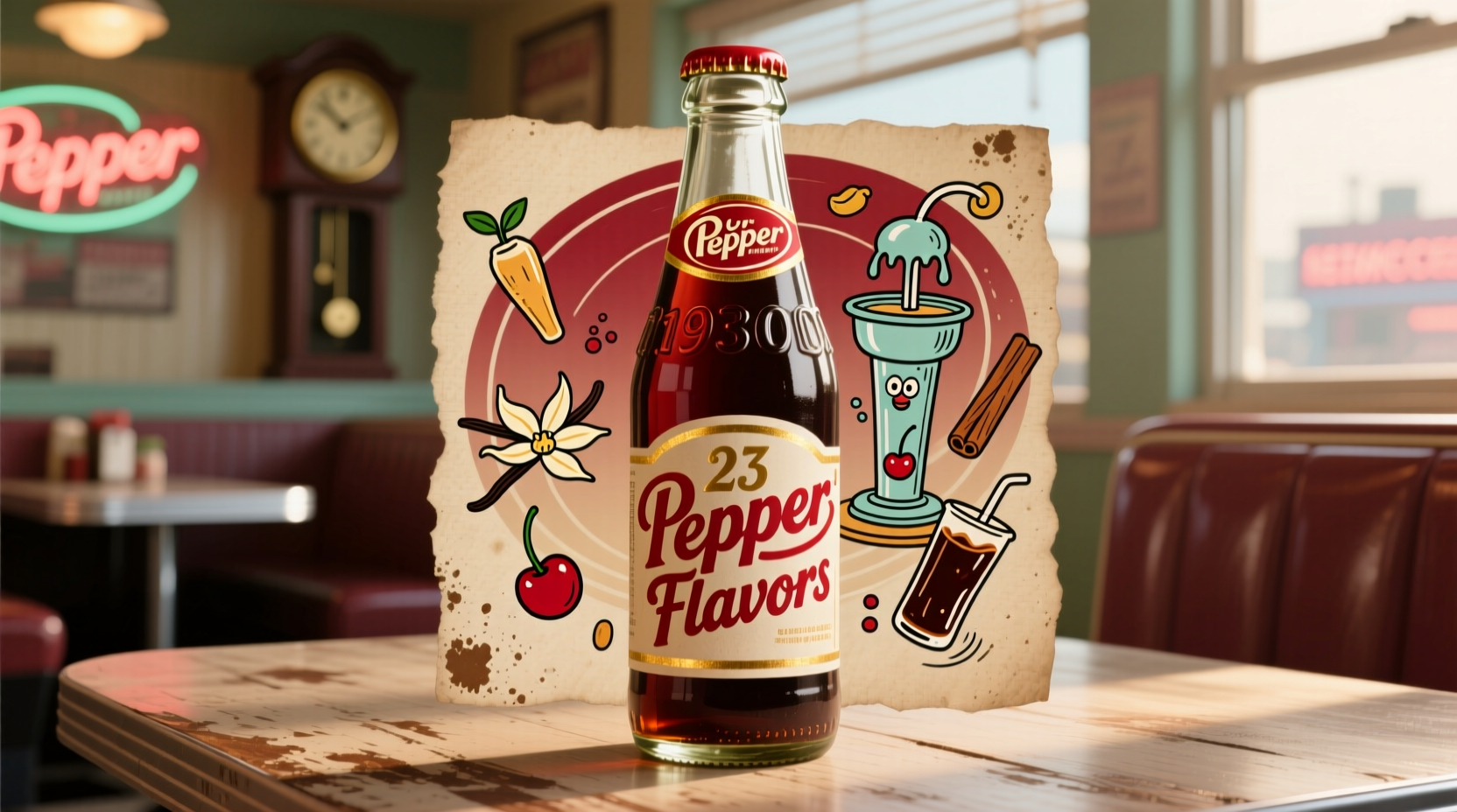 Vintage Dr Pepper bottle showing 23 flavors claim