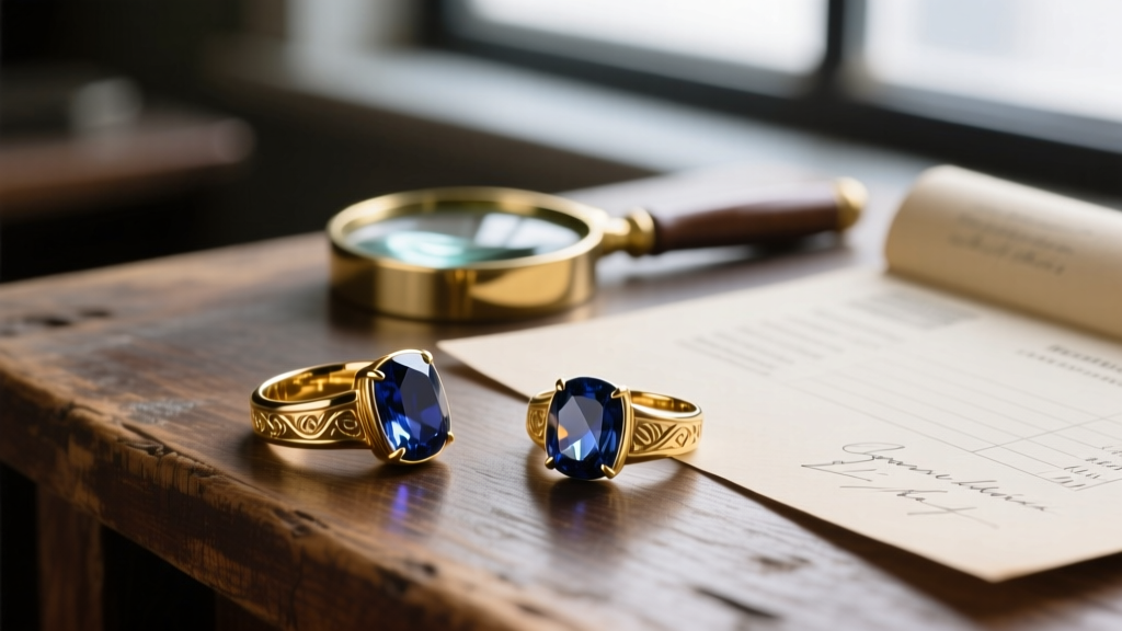 Close up of solid 14k gold rings and sapphire pendants on a wooden desk beside a jewelers loupe and invoice in soft natural light