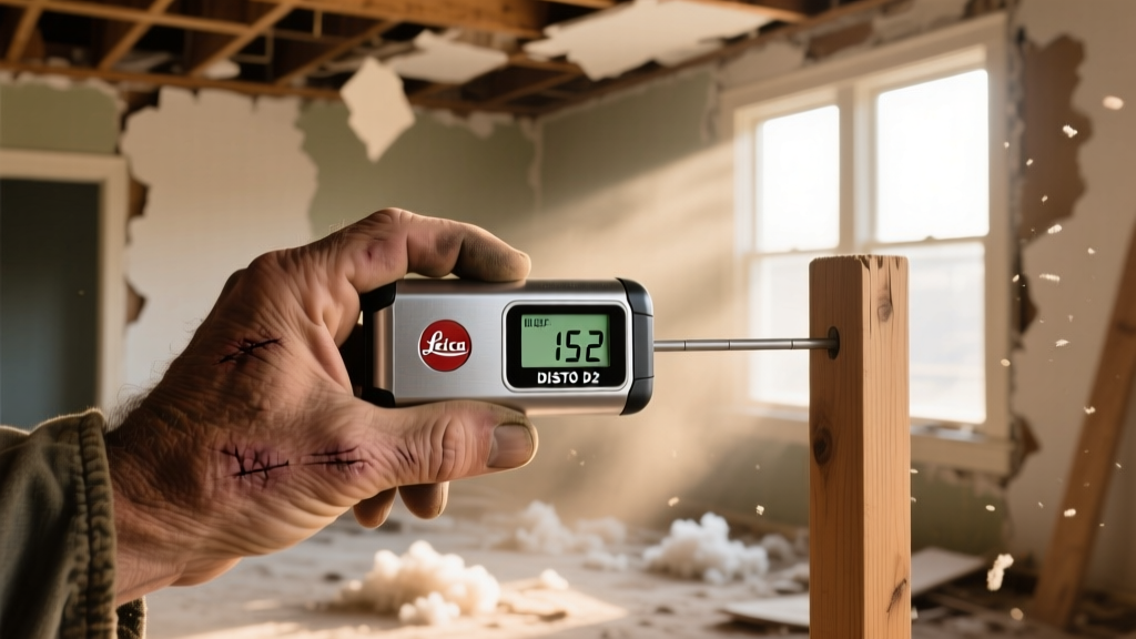 Weathered hand holding a Leica DISTO D2 laser measure pointing at distant wooden stud framing in a dusty residential renovation site