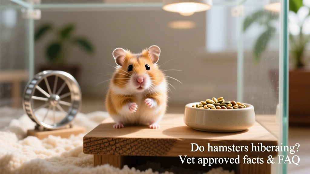 A healthy golden hamster awake and alert in its clean, well-lit habitat with bedding, wheel, and food dish