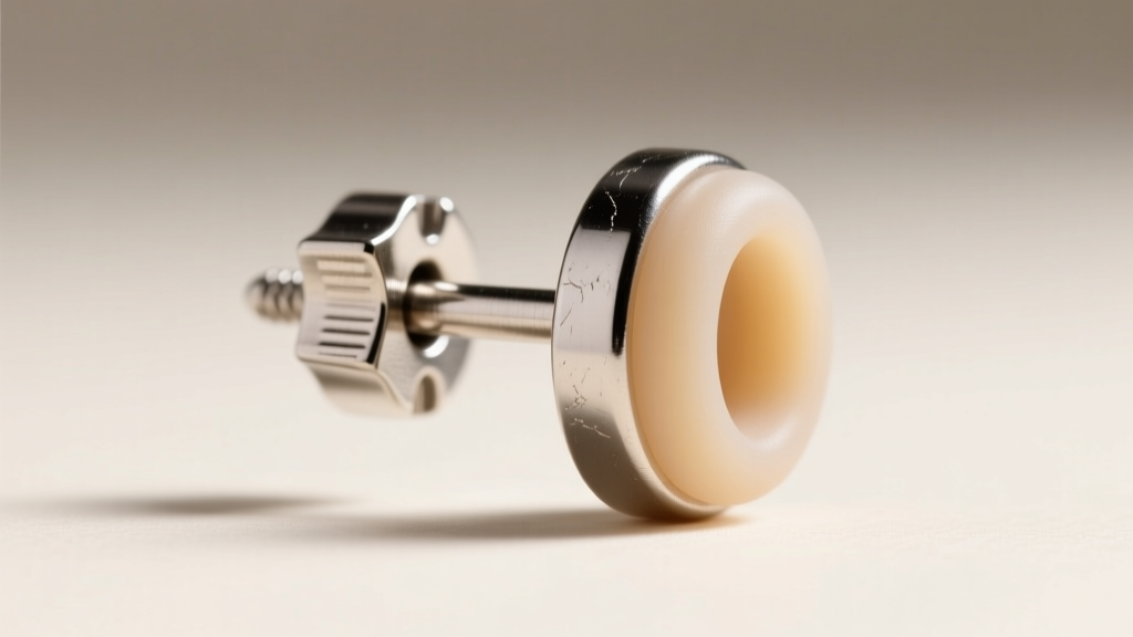 Close-up of a thick 14-gauge earring post secured with a wide silicone friction back to demonstrate heavy jewelry lobe support