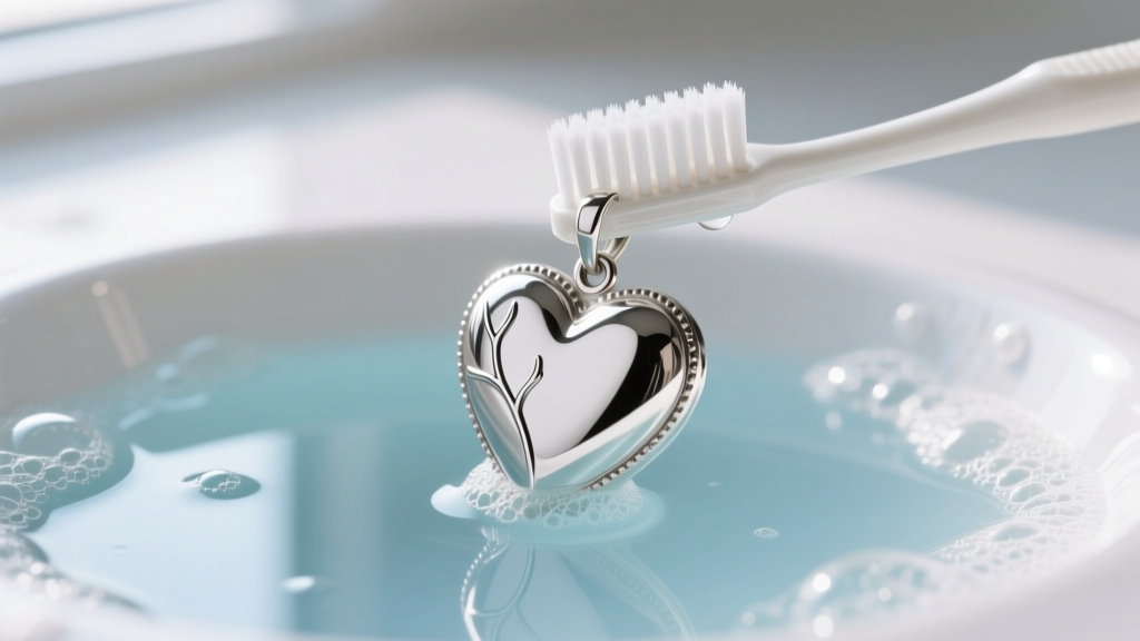 Soft-bristled toothbrush gently scrubbing the cleft of a sterling silver real heart pendant submerged in mild soapy water.