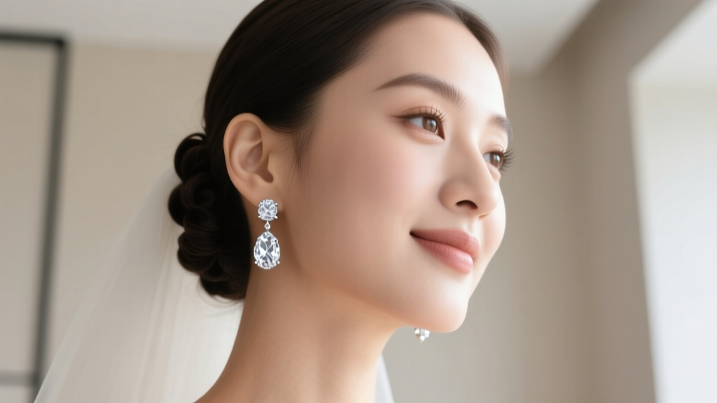 Close-up of a bride in soft natural lighting wearing delicate platinum and diamond drop earrings, with her hair swept up to reveal the jewelry details.