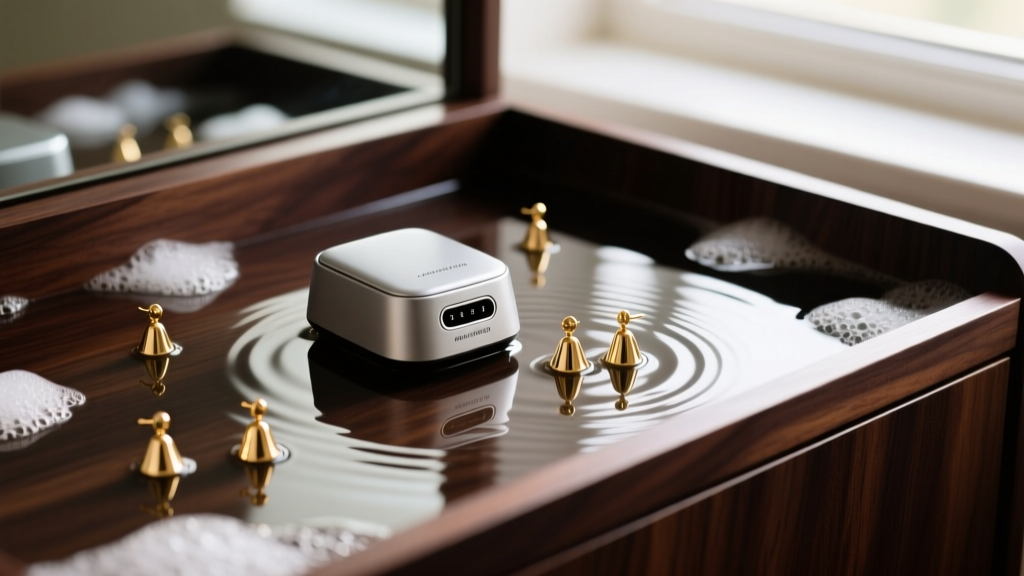 Small ultrasonic jewelry cleaner filled with soapy water, with several gold bell back earrings submerged on a dark wood vanity.
