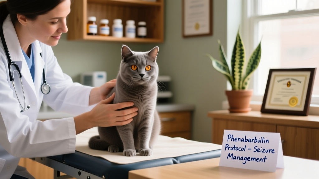Close-up of a veterinarian gently examining a calm, seated cat during a routine checkup