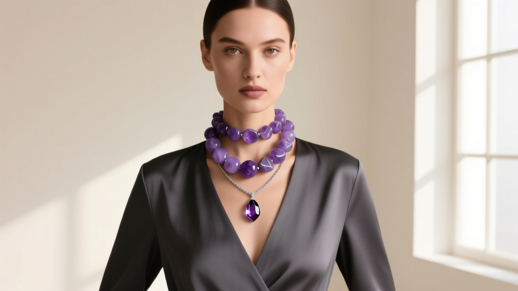 Model wearing a deep-V blouse layered with a 16-inch lavender jade bead choker and a 20-inch amethyst pendant necklace