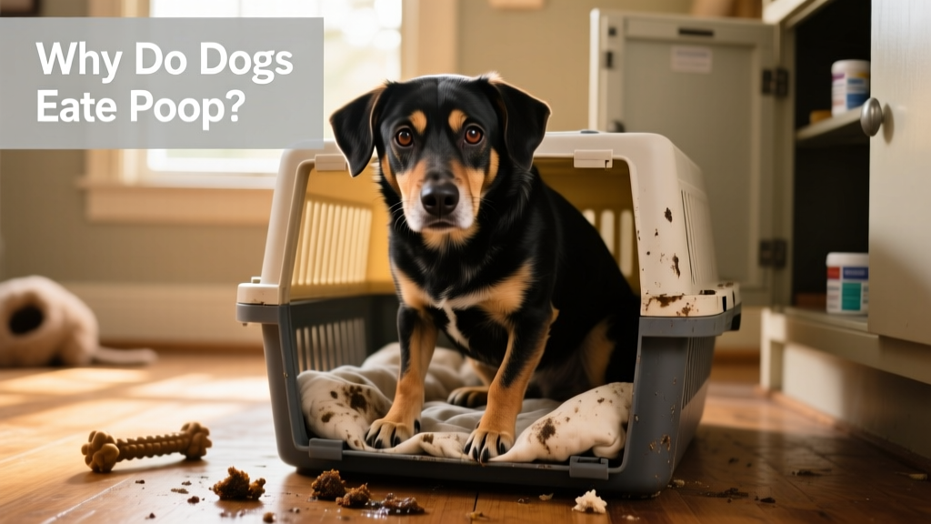 Anxious dog in a small crate looking away, with soiled bedding visible