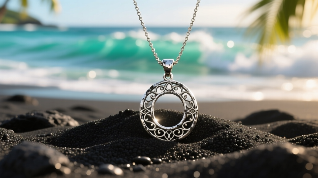 Tarnished silver pendant necklace resting on black volcanic sand, with bright Hawaiian ocean waves blurred in the soft tropical background