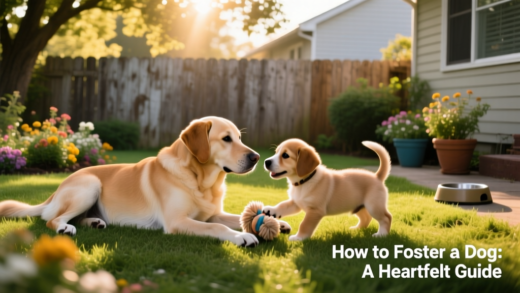 Two dogs — one adult and one younger — playing gently together in a sunlit backyard, illustrating positive foster-to-pet integration