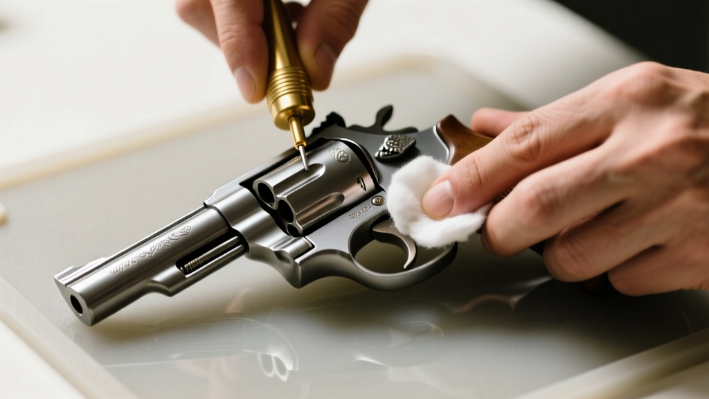 Hands using an ultrasonic parts cleaner and a brass jag with a cotton patch to deep-clean a revolver cylinder on a silicone mat