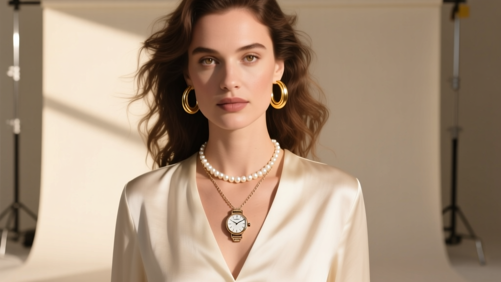 Woman wearing a vintage watch pendant necklace over a cream blouse, layered with a pearl choker and gold hoops in soft lighting.