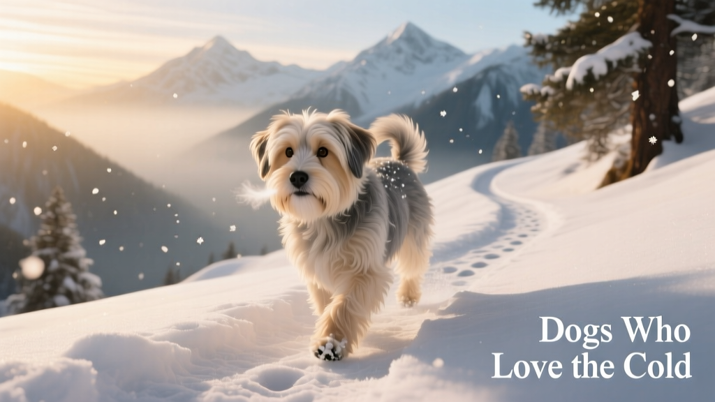 A Tibetan Terrier walking confidently across a snowy mountain path