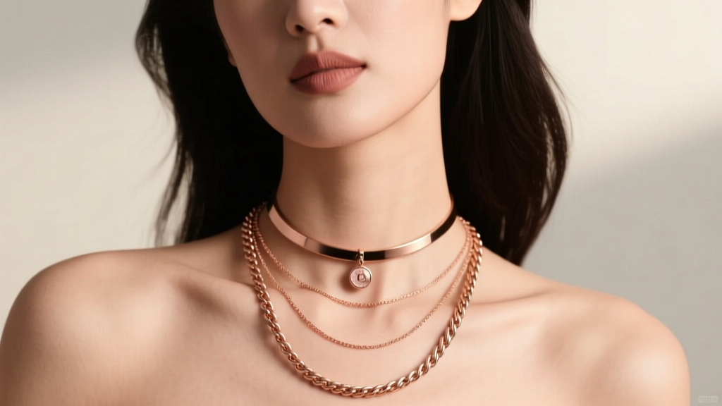 Woman wearing a layered solid rose gold necklace stack, featuring a 16-inch choker, 18-inch pendant, and 22-inch rope chain
