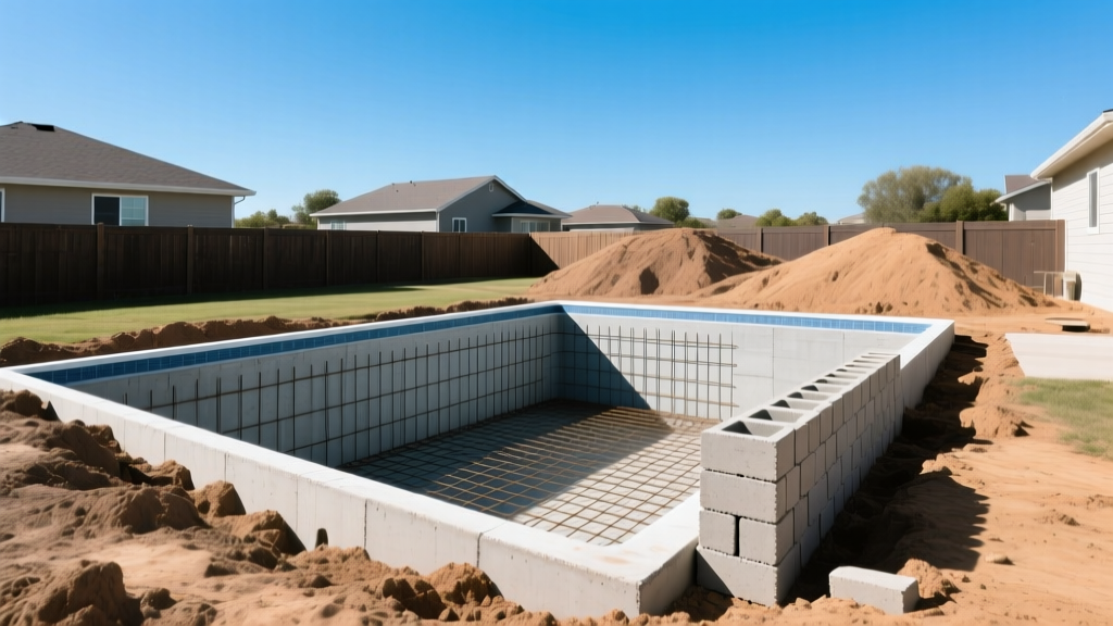 Excavated backyard inground pool shell with steel rebar grid, stacked concrete blocks, and dirt mounds under clear skies