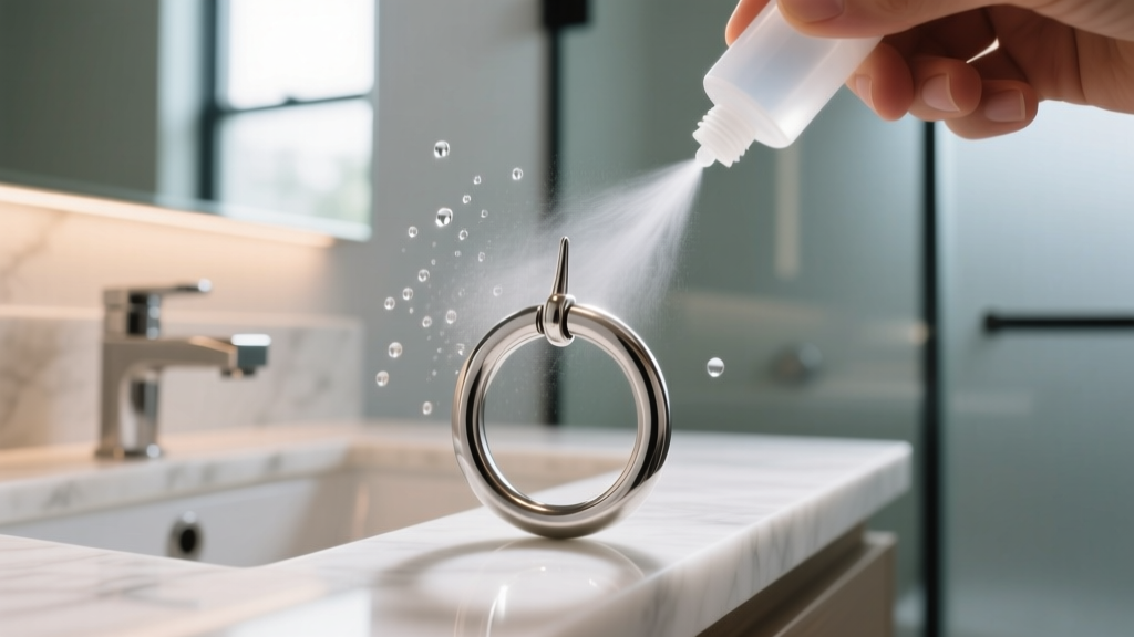 Close-up of a 16-gauge titanium septum horseshoe ring being gently misted with sterile saline spray in a softly lit modern bathroom.
