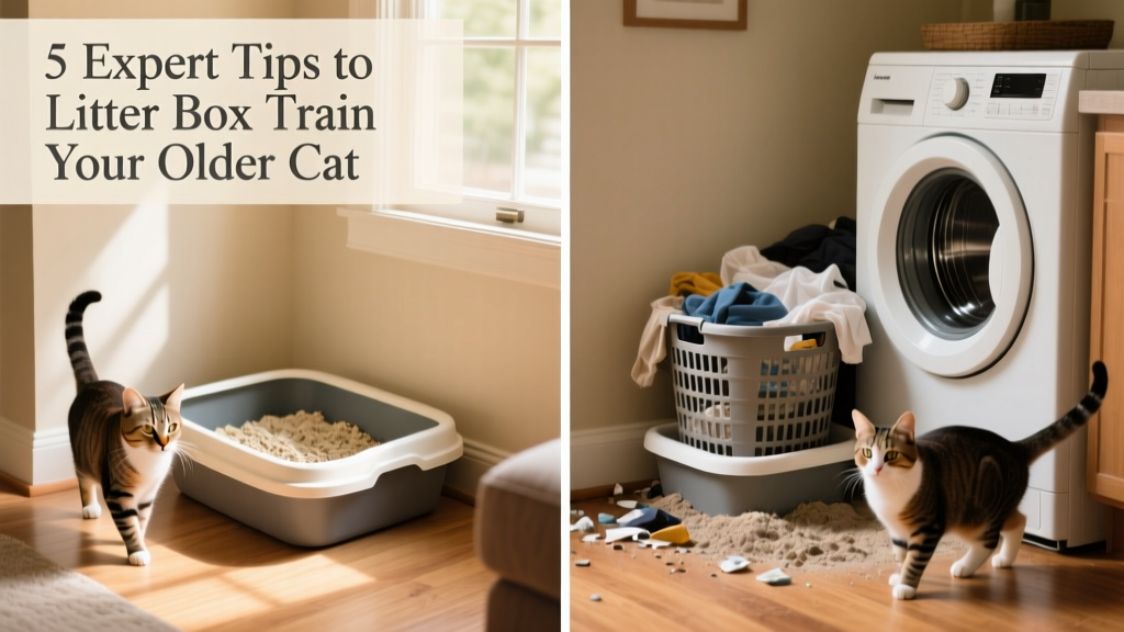 Side-by-side comparison showing proper litter box setup: one with clear access, clean litter, and quiet location; another cluttered, placed next to washing machine with dusty, shallow litter